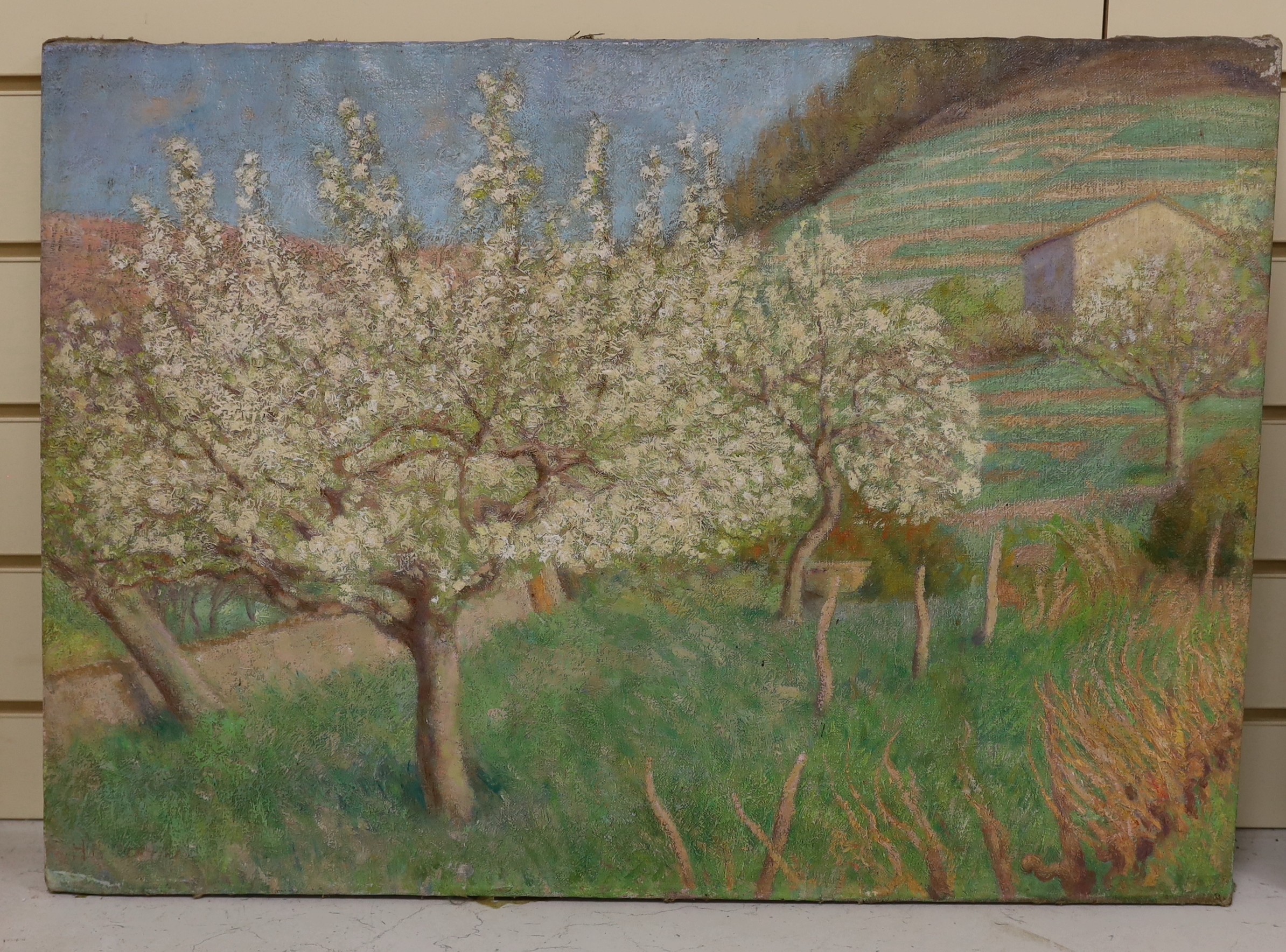 French School c.1890, oil on canvas, Apple trees in blossom, indistinctly signed, 50 x 71cm, unframed